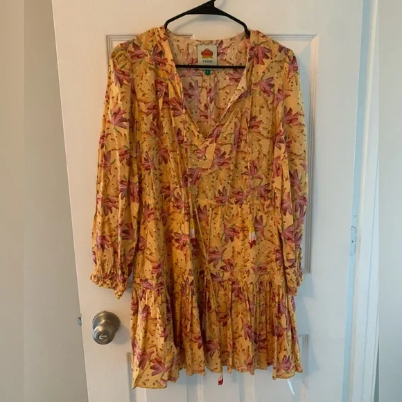Farm Rio Yellow Floral Long Sleeved Mini Dress Size Small - Picture 2 of 6